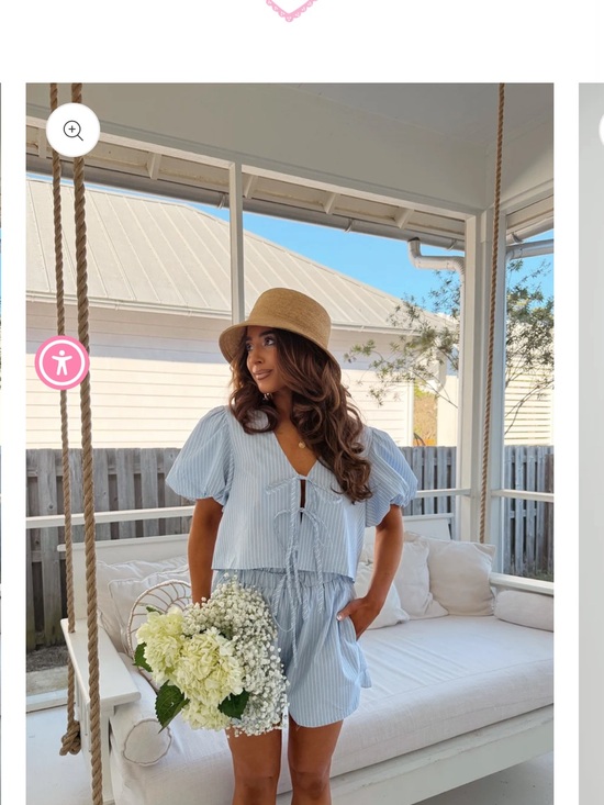 Mable Other - Light Blue Striped Cotton Tie-Front puff sleeve top and shorts set